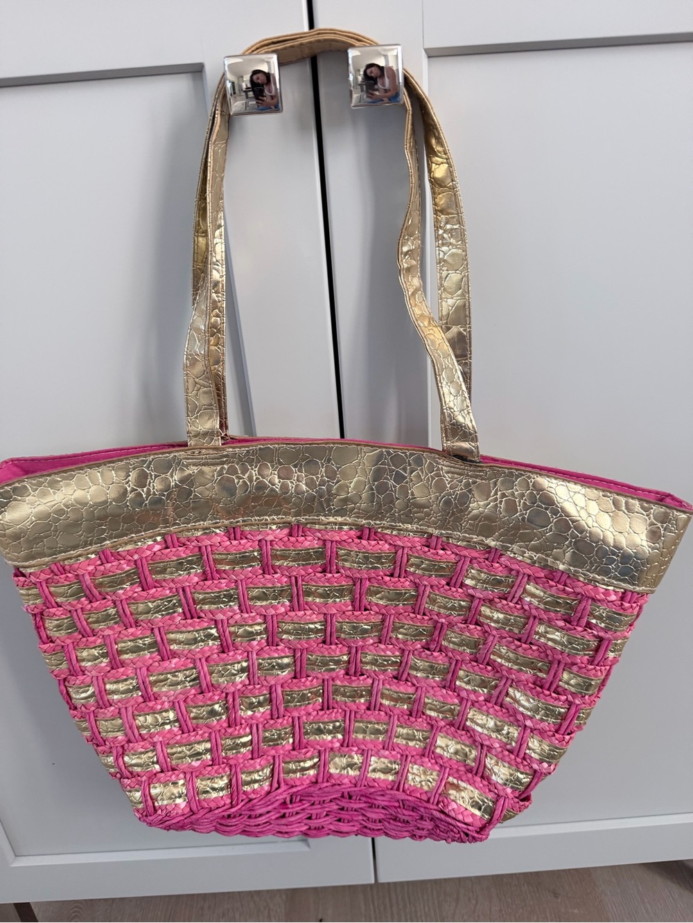 New Vintage Big Buddha Gold & Pink Woven Tote Bag Stylish Beach & Everyday Carry